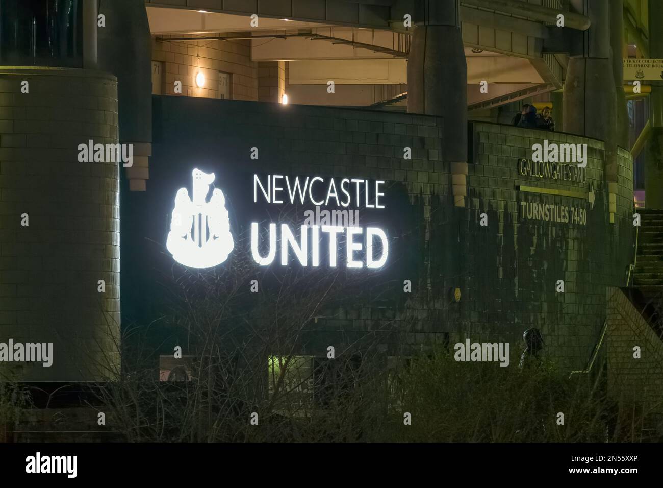 Exterior view of the Newcastle United football stadium St James' Park, ahead of a night soccer match in the city of Newcastle upon Tyne. Stock Photo
