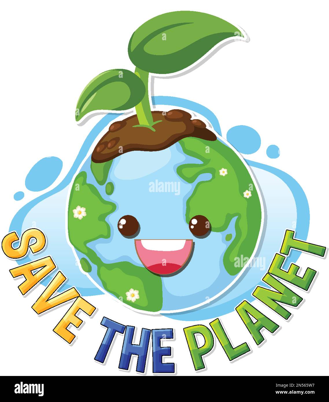 Save the planet text with a happy earth character illustration Stock ...