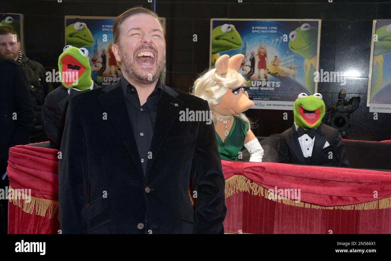 Kermit the Frog, actor Ricky Gervais, Miss Piggy and Constantine attend