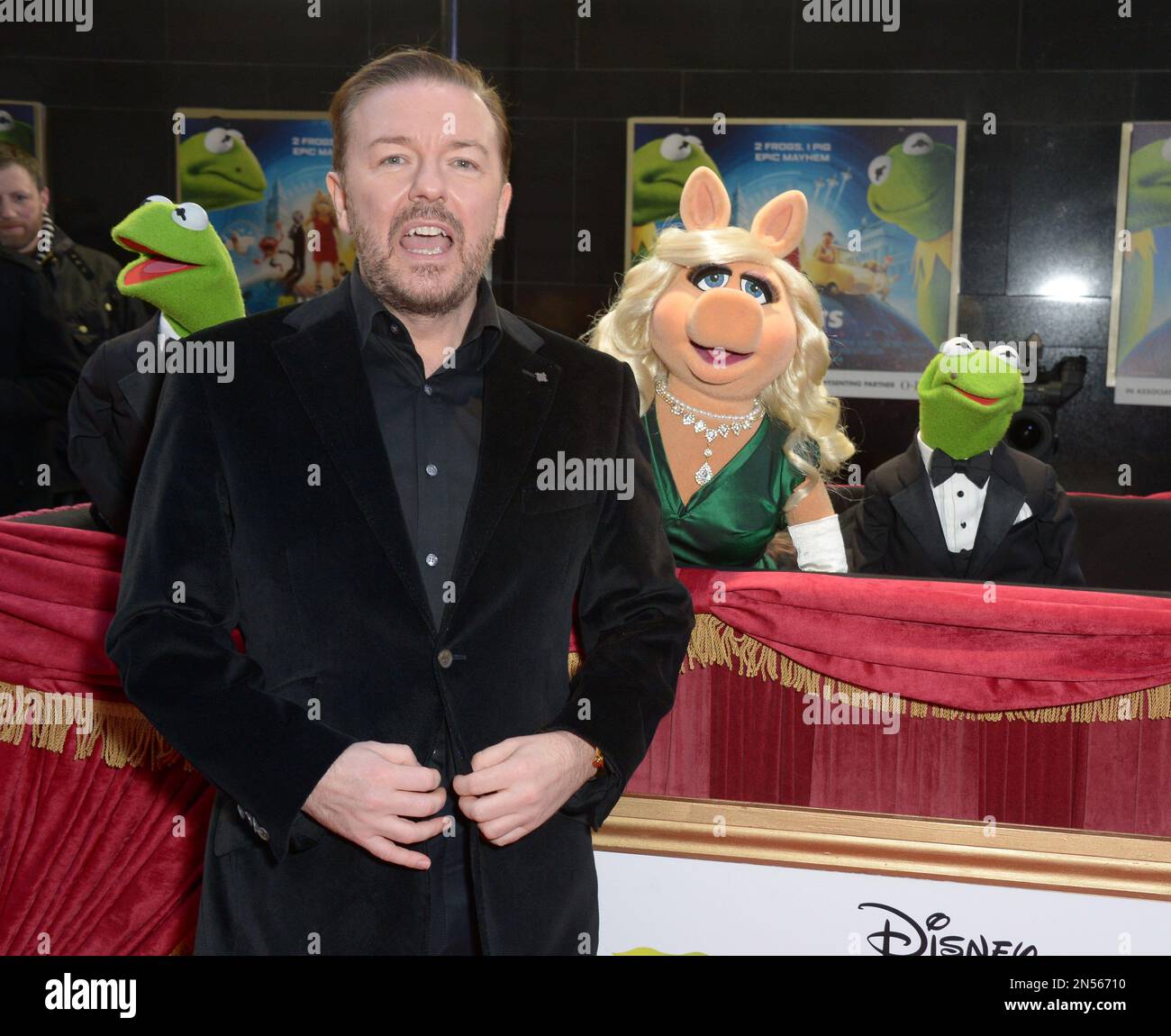 Kermit the Frog, actor Ricky Gervais, Miss Piggy and Constantine attend
