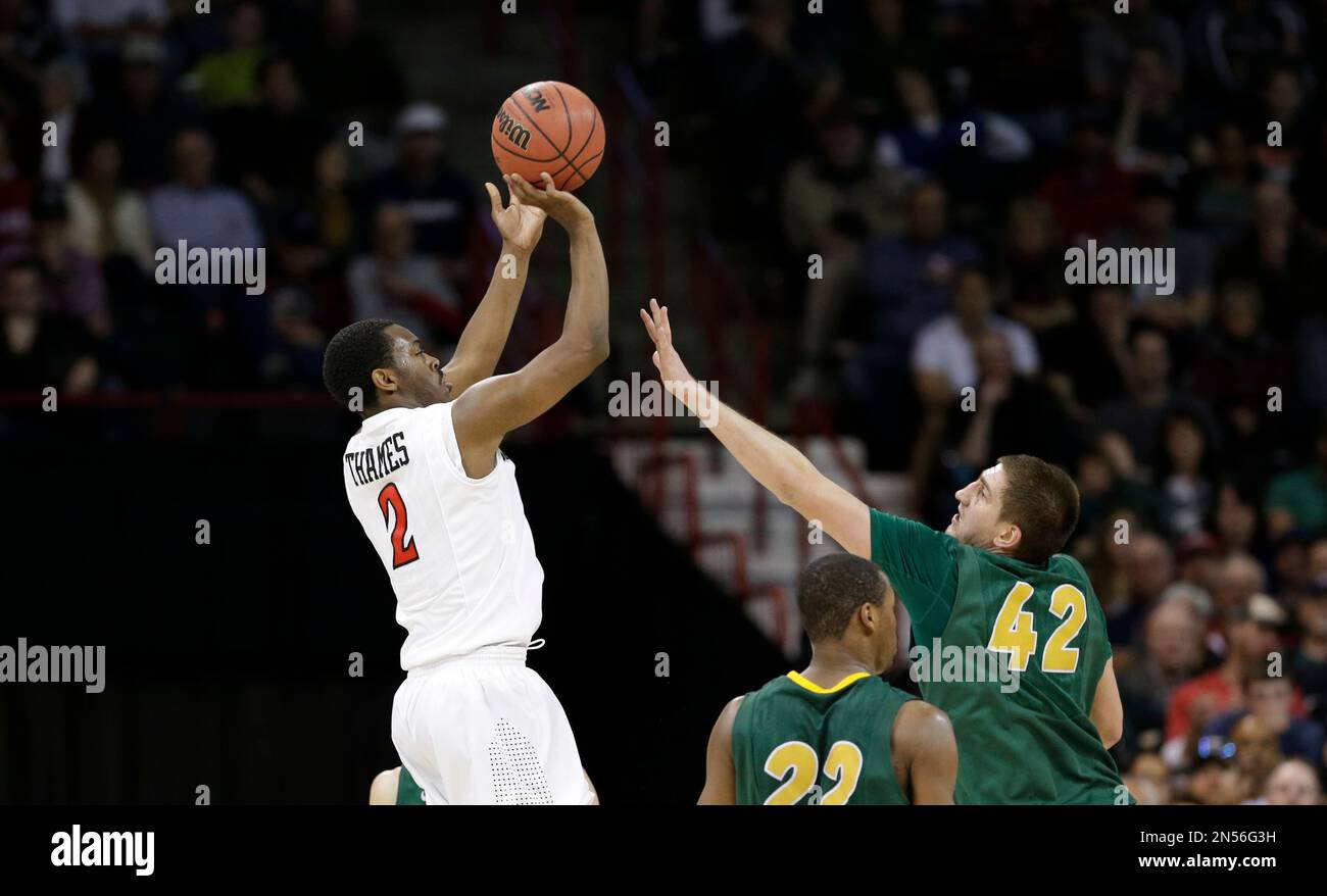 San Diego State's Xavier Thames shoots against North Dakota State in