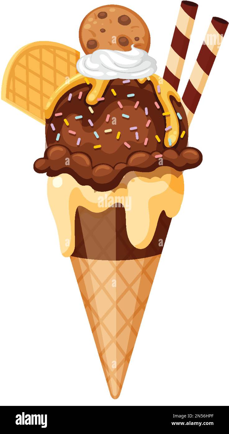 Chocolate ice cream cone with toppings illustration Stock Vector Image
