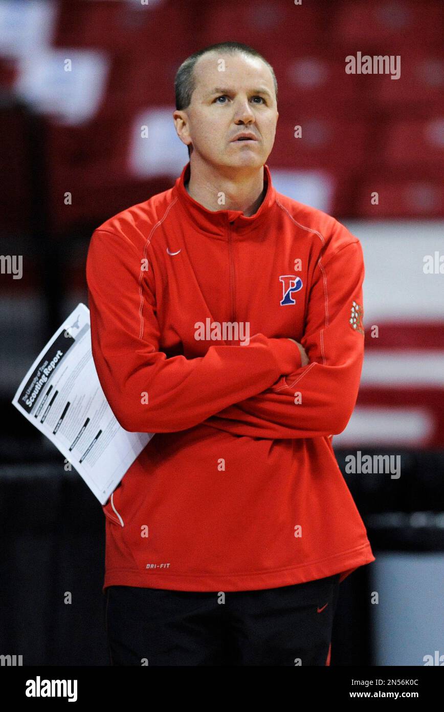 Penn head coach Mike McLaughlin his team practice before an NCAA women