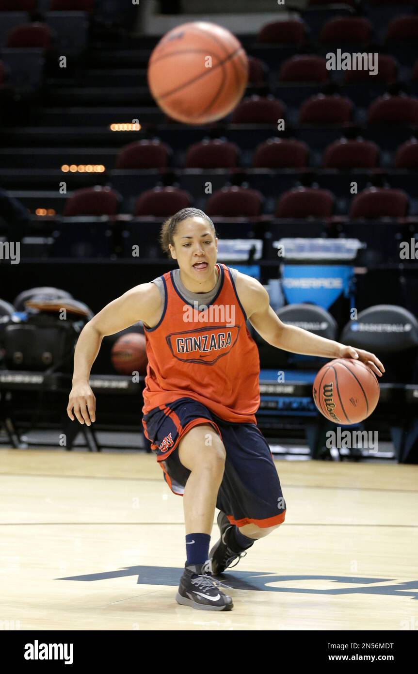 Gozaga's Jazmine Redmon dribbles during practice at the NCAA women's
