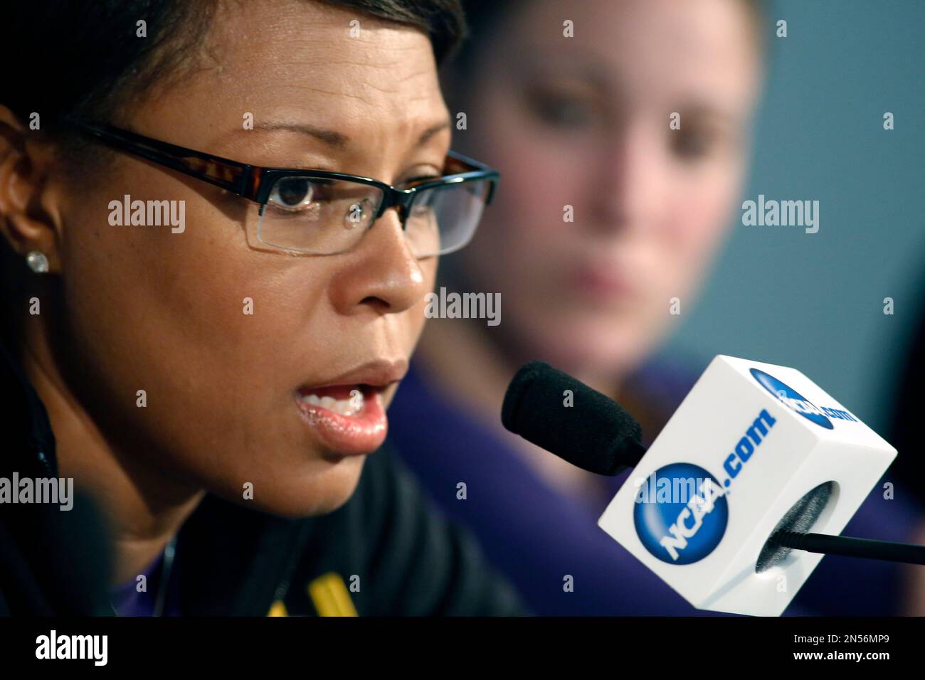 LSU coach Nikki Caldwell speaks during a news conference at the NCAA women's college basketball