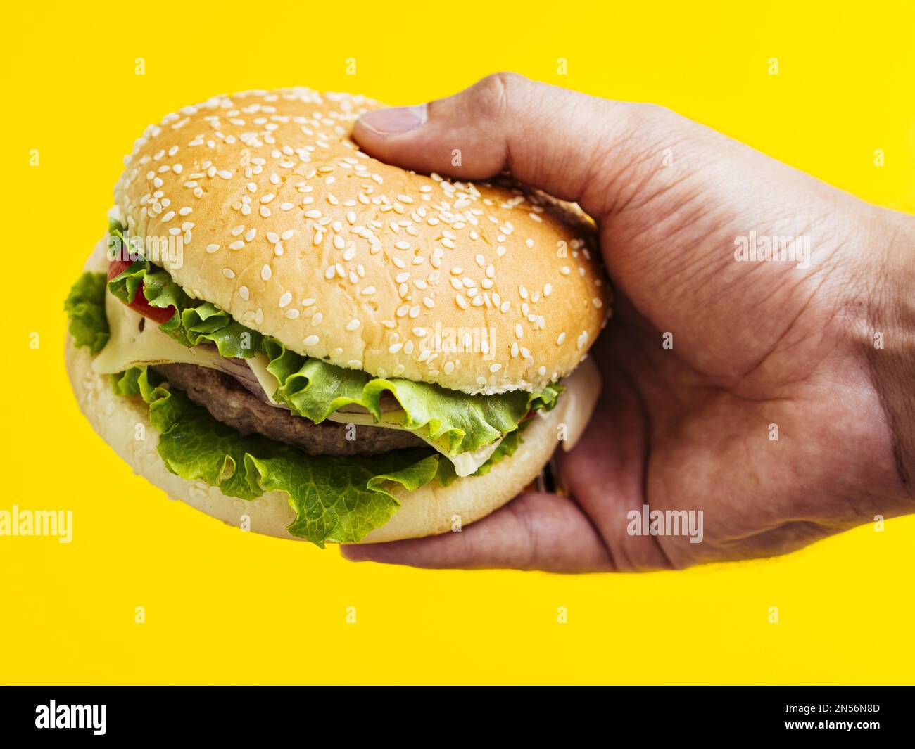 man holding cheeseburger with seeds. Resolution and high quality