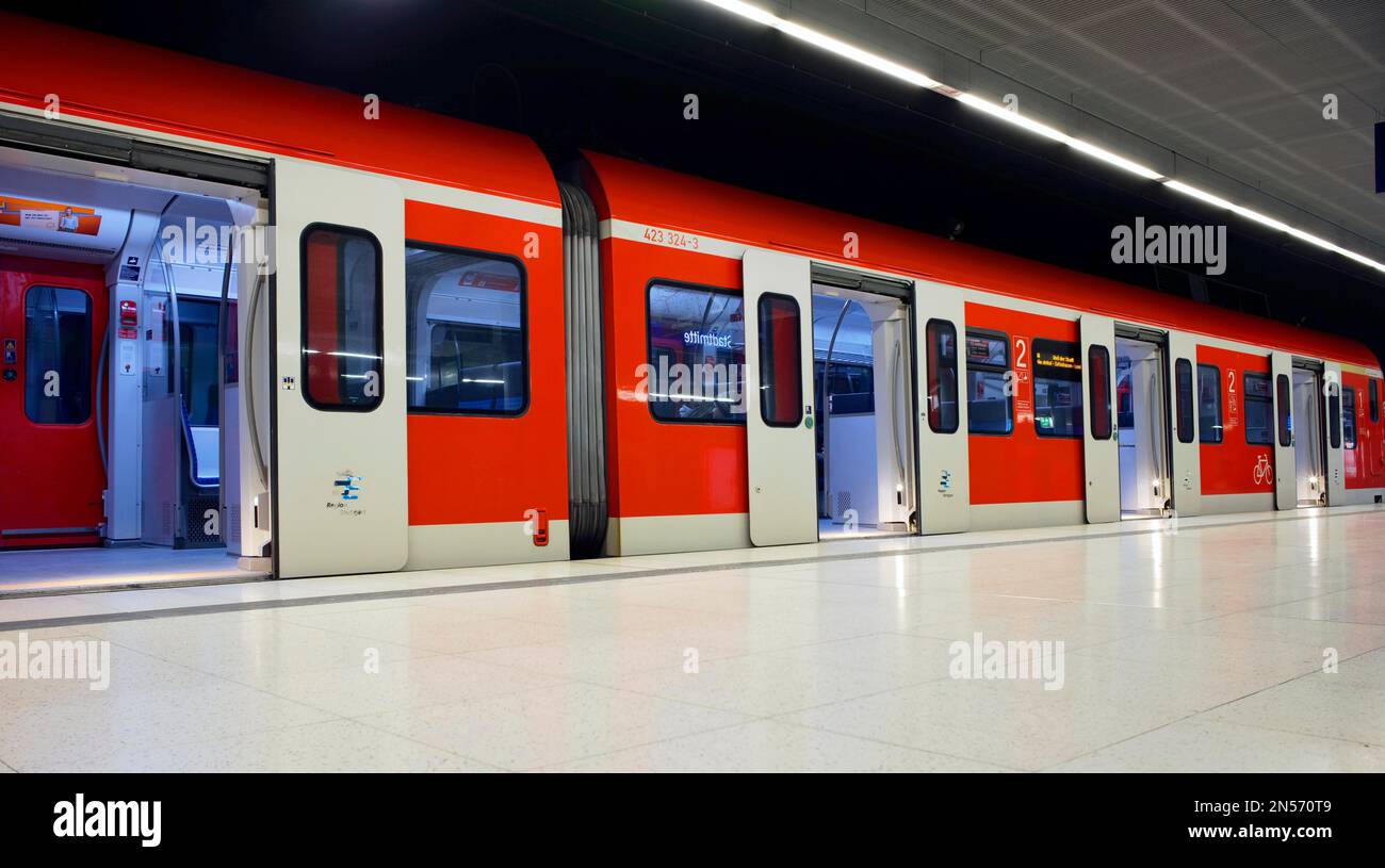 Opened, empty S-Bahn, city centre, Stuttgart, Baden-Wuerttemberg, Germany Stock Photo