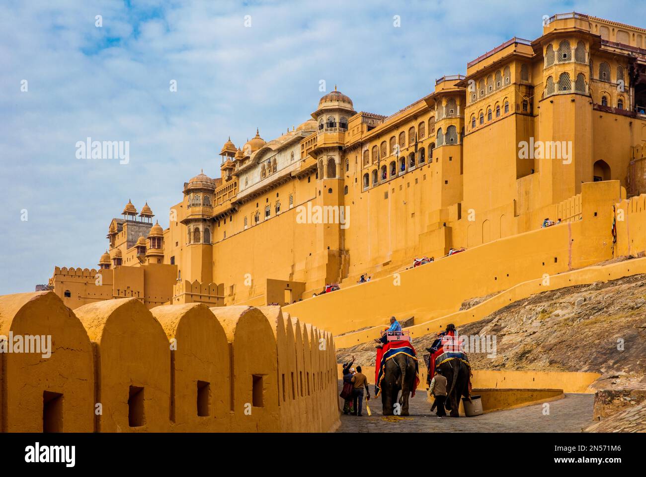On the back of elephants to Amber Fort, Amber, Rajasthan, India Stock ...