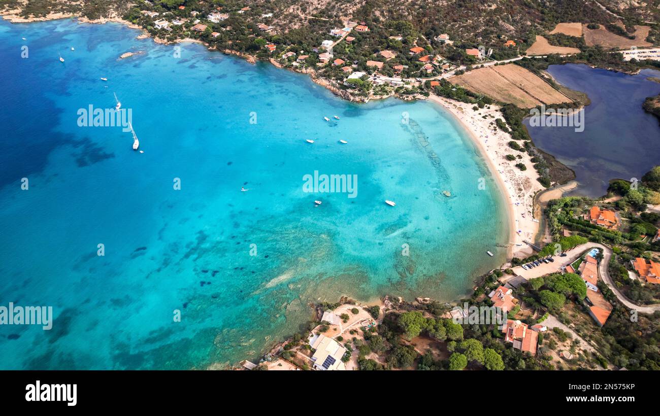 Sardegnia island nature scenery and best beaches. Aerial drone panoramic view of beautiful Porto Taverna beach. Italy summer holidays Stock Photo