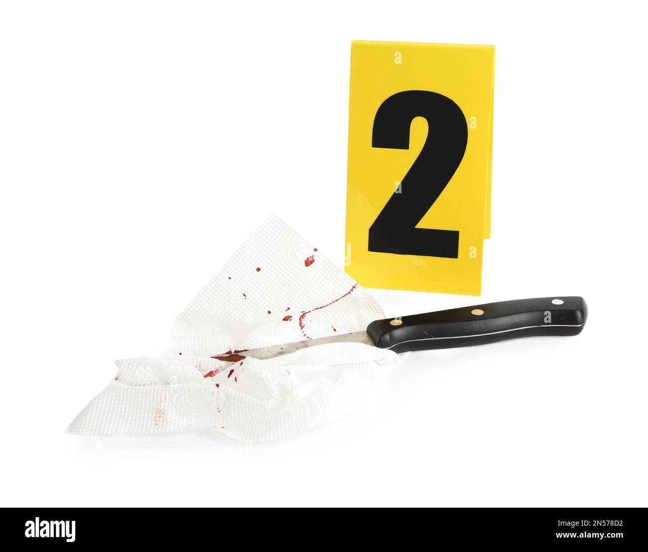 Bloody knife, napkin and crime scene marker with number two isolated on white Stock Photo