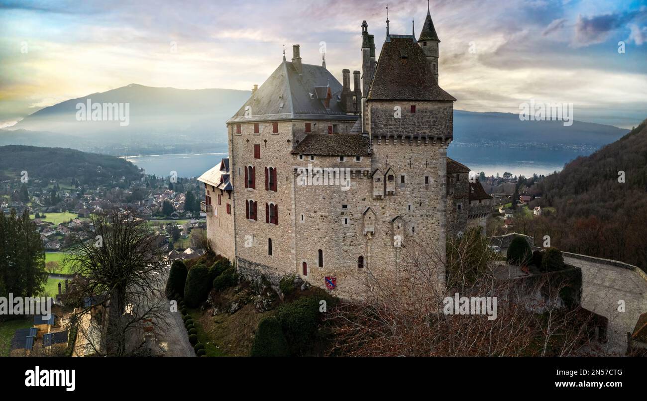 Most beautiful medieval castles of France - fairytale Menthon located near lake Annecy. aerial view Stock Photo