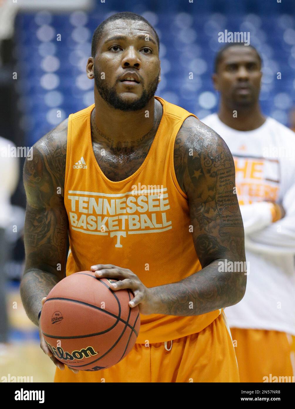 Tennessee forward Jeronne Maymon shoots free throws during practice for