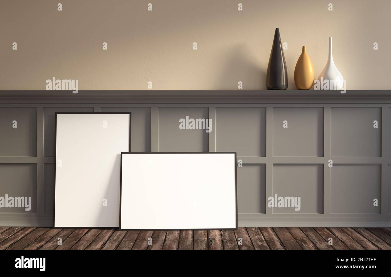 3d rendering illustration of interior on sunny day. Pastel beige plaster wall, wooden parquet floor and light grey classic panel with molding. Poster Stock Photo