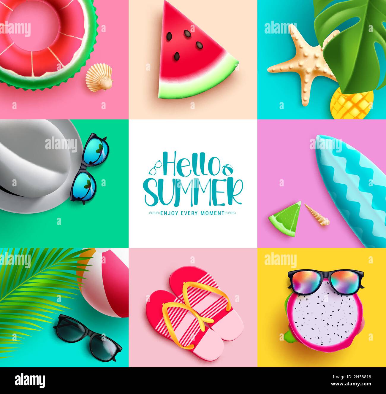 Summer vector background design. Summer hello text in empty space with colorful beach elements collection. Vector illustration tropical season design Stock Vector