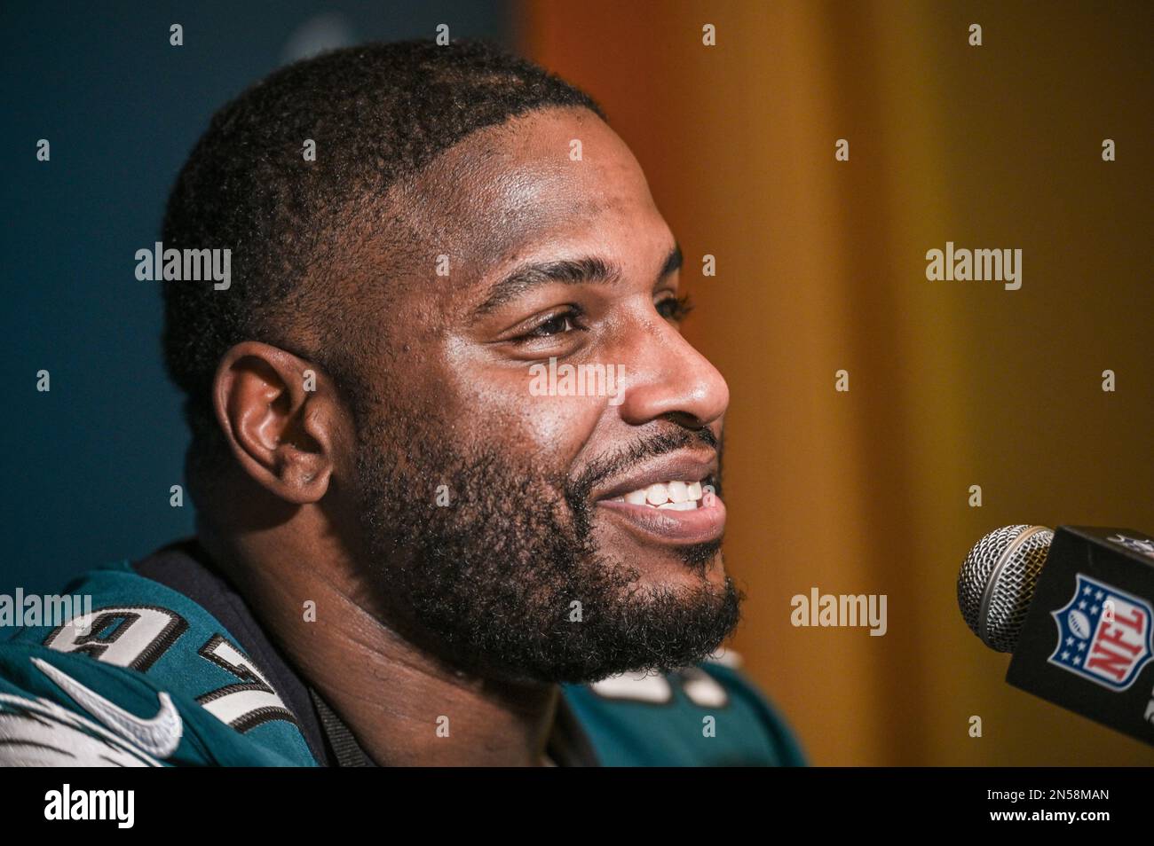 Philadelphia Eagles defensive tackle Javon Hargrave speaks during a press conference at the Sheraton Grand at Wild Horse Pass in Phoenix, Arizona. Picture date: Wednesday February 8, 2023. Super Bowl LVII will take place Sunday Feb. 12, 2023 between the Kansas City Chiefs and the Philadelphia Eagles. Stock Photo