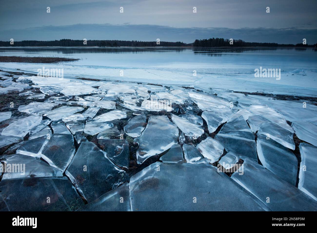 Ice formations and early morning winter landscape by the lake Vansjø, Østfold, Norway, Scandinavia. Stock Photo