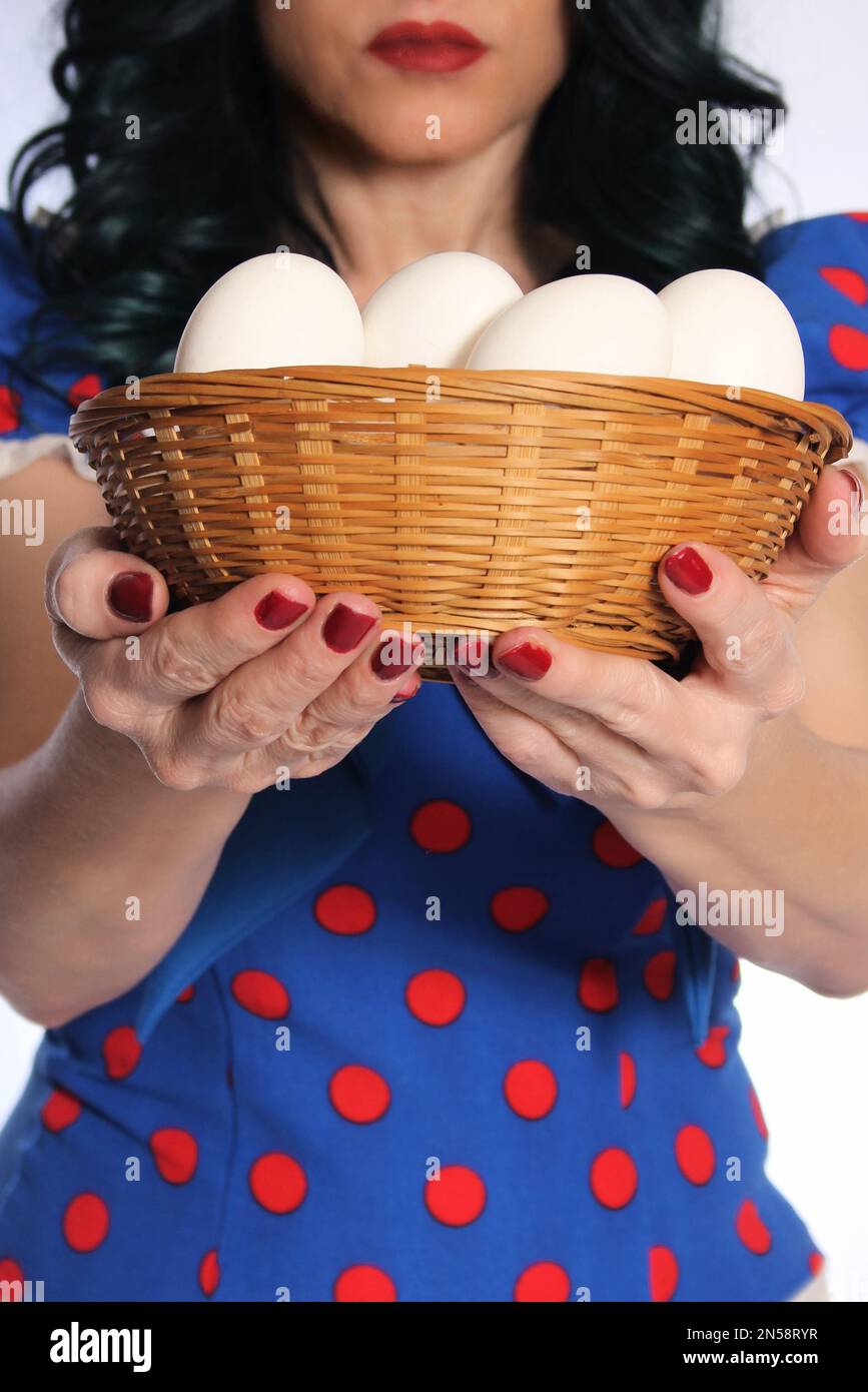 Woman in Retro Dress Holding Basket of Fresh Eggs Closeup Stock Photo ...