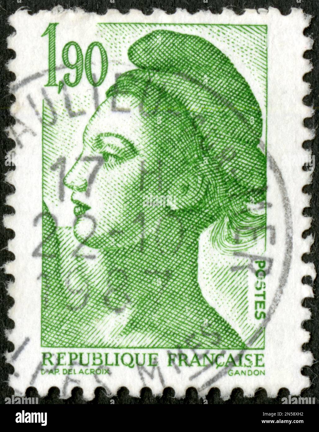TIMBRE OBLITERE MARIANNE VERTE D'AP DELACROIX.POSTES.REPUBLIQUE FRANCAISE.1,90 Stock Photo Alamy