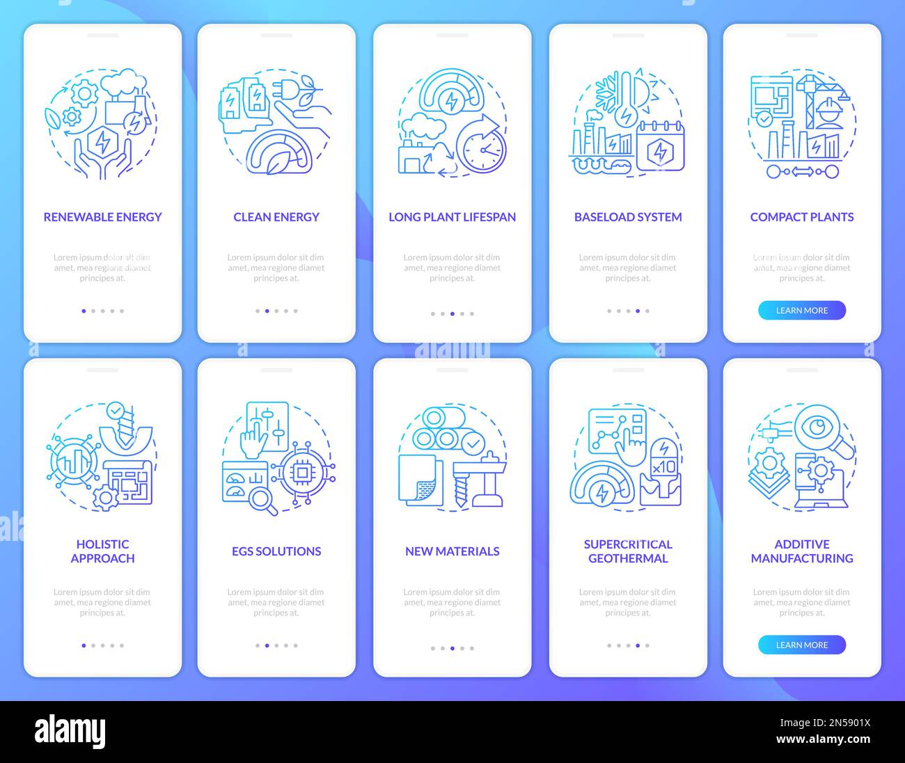 Geothermal power blue gradient onboarding mobile app screen set Stock Vector