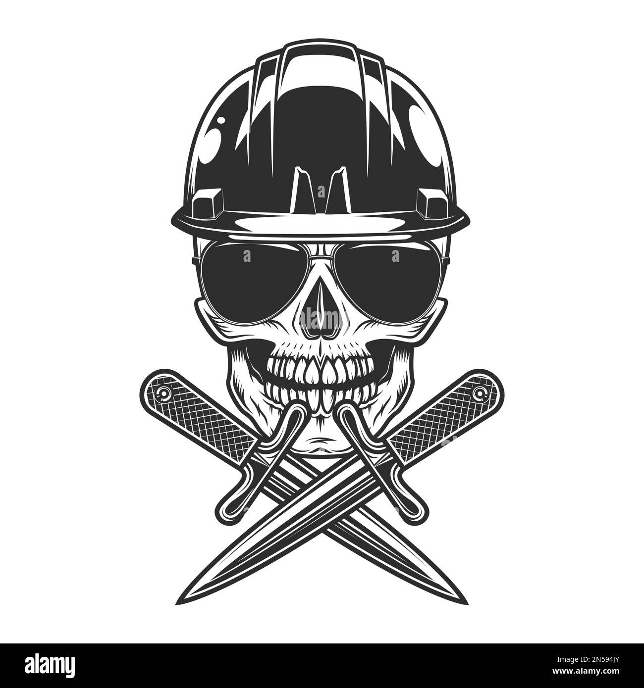 Skull in builder construction helmet hardhat concept with sunglasses ...