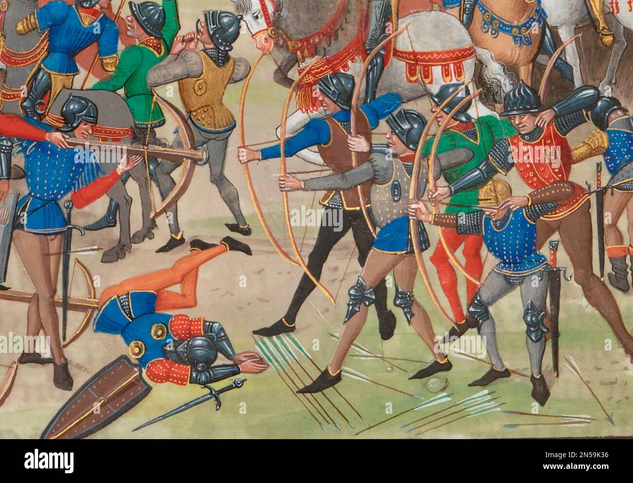 BATTLE OF CRECY 26 August 1346 as shown in Jean Froissart's 'Chronicles'  A detail showing the English using longbows against the French with crossbows. Stock Photo