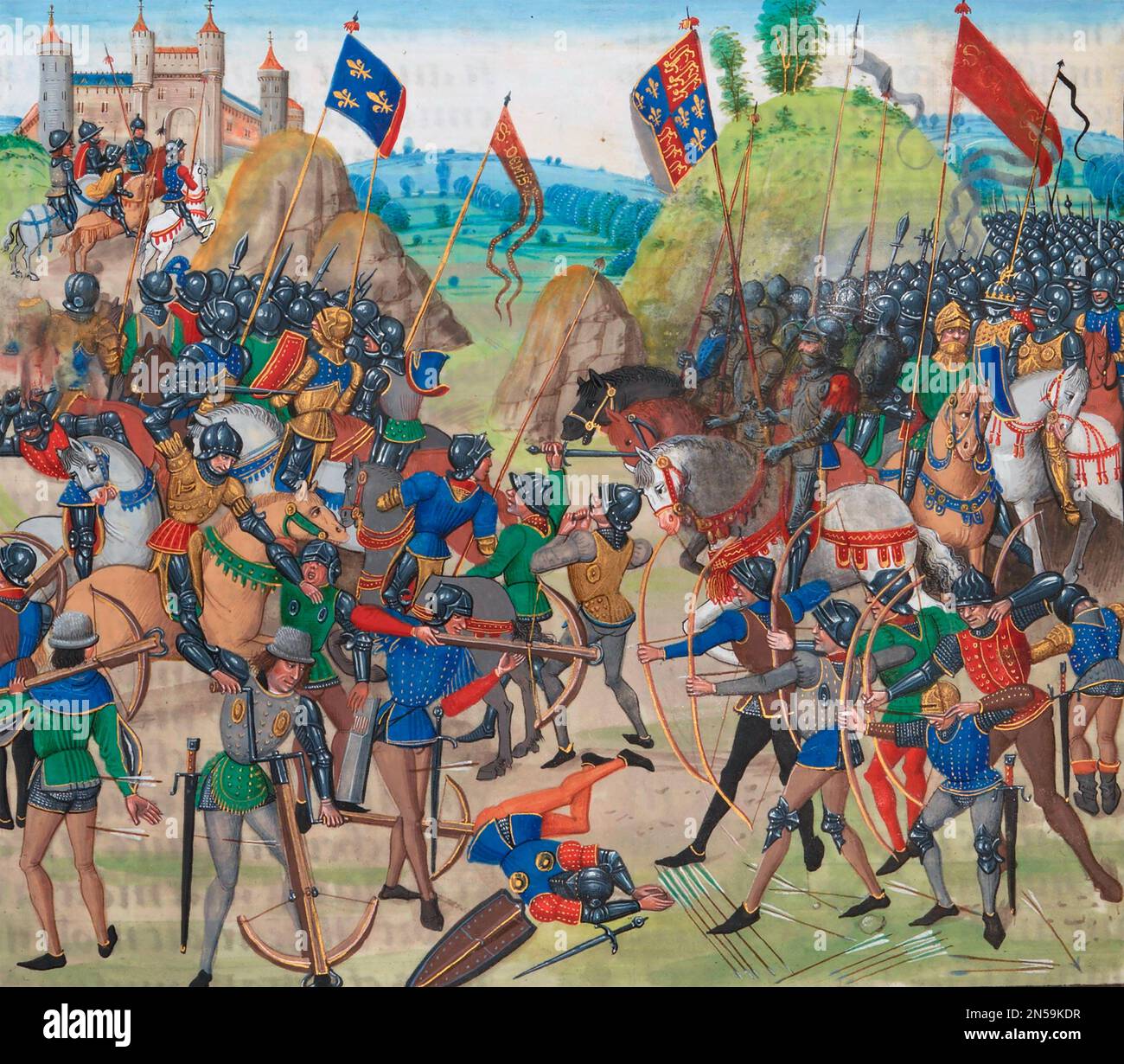 BATTLE OF CRECY 26 August 1346 as shown in Jean Froissart's 'Chronicles' Stock Photo