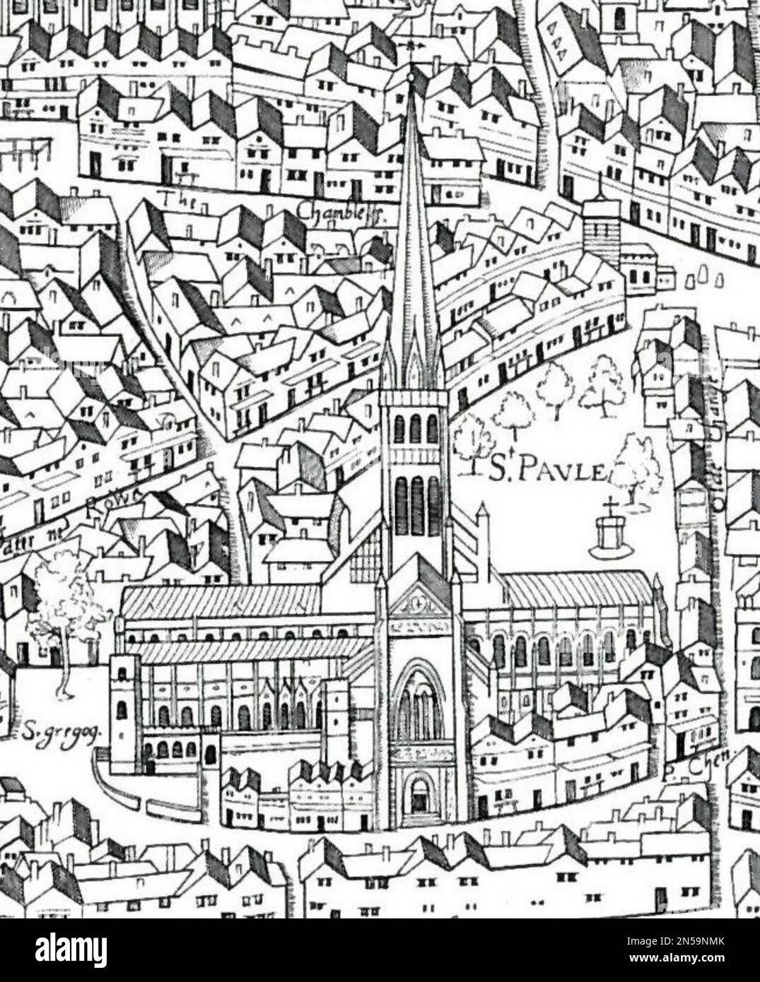 ST PAUL'S CATHEDRAL  in the Copperplate Map of London, published 1553-1559. Stock Photo