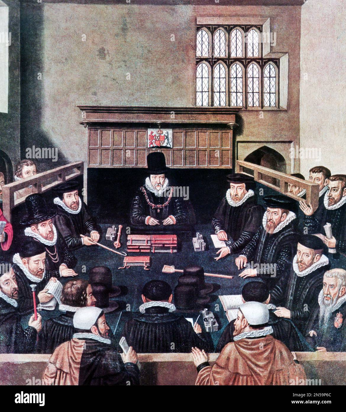 WILLIAM CECIL  (1520-1598) English statesman and chief adviser to Elizabeth I,  presiding over the Court of Wards about 1579 Stock Photo