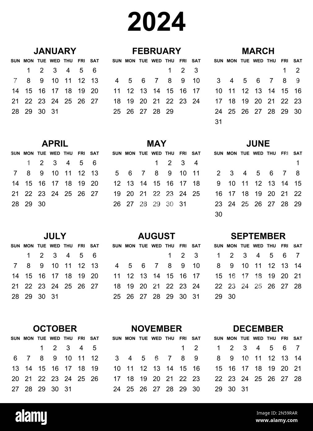Simple editable vector calendar for year 2024 sundays first, easy to