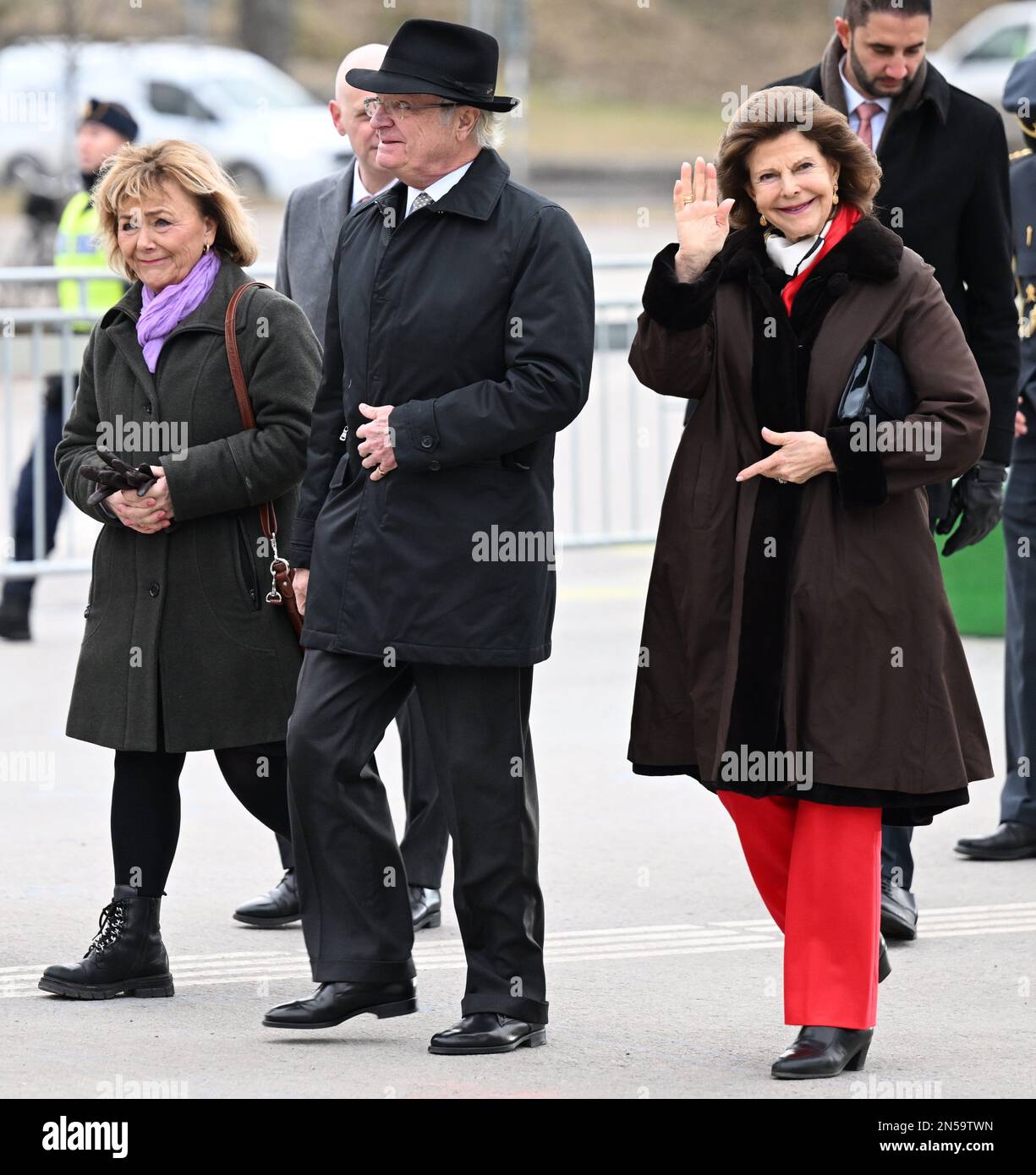 County Governor Beatrice Ask, Sweden's King Carl XVI Gustaf and Queen Silvia arrive at Nykoping station at the start of the royal visit to Sodermanlan Stock Photo