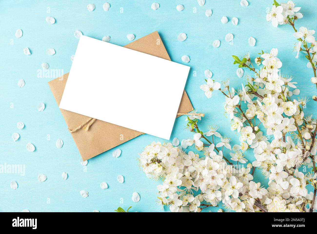 Blank wedding greeting card or invitation with spring blossom cherry flowers on pastel blue background. Mock up. Flat lay Stock Photo