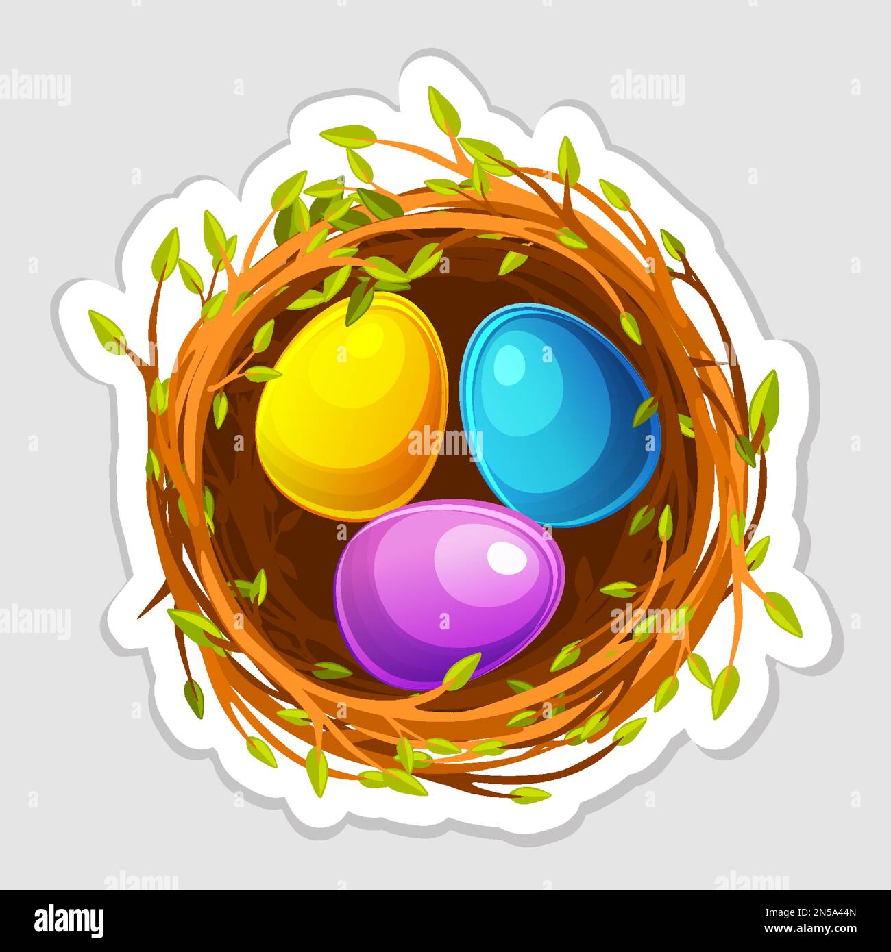 Vector Easter sticker, nest with colored eggs Stock Vector