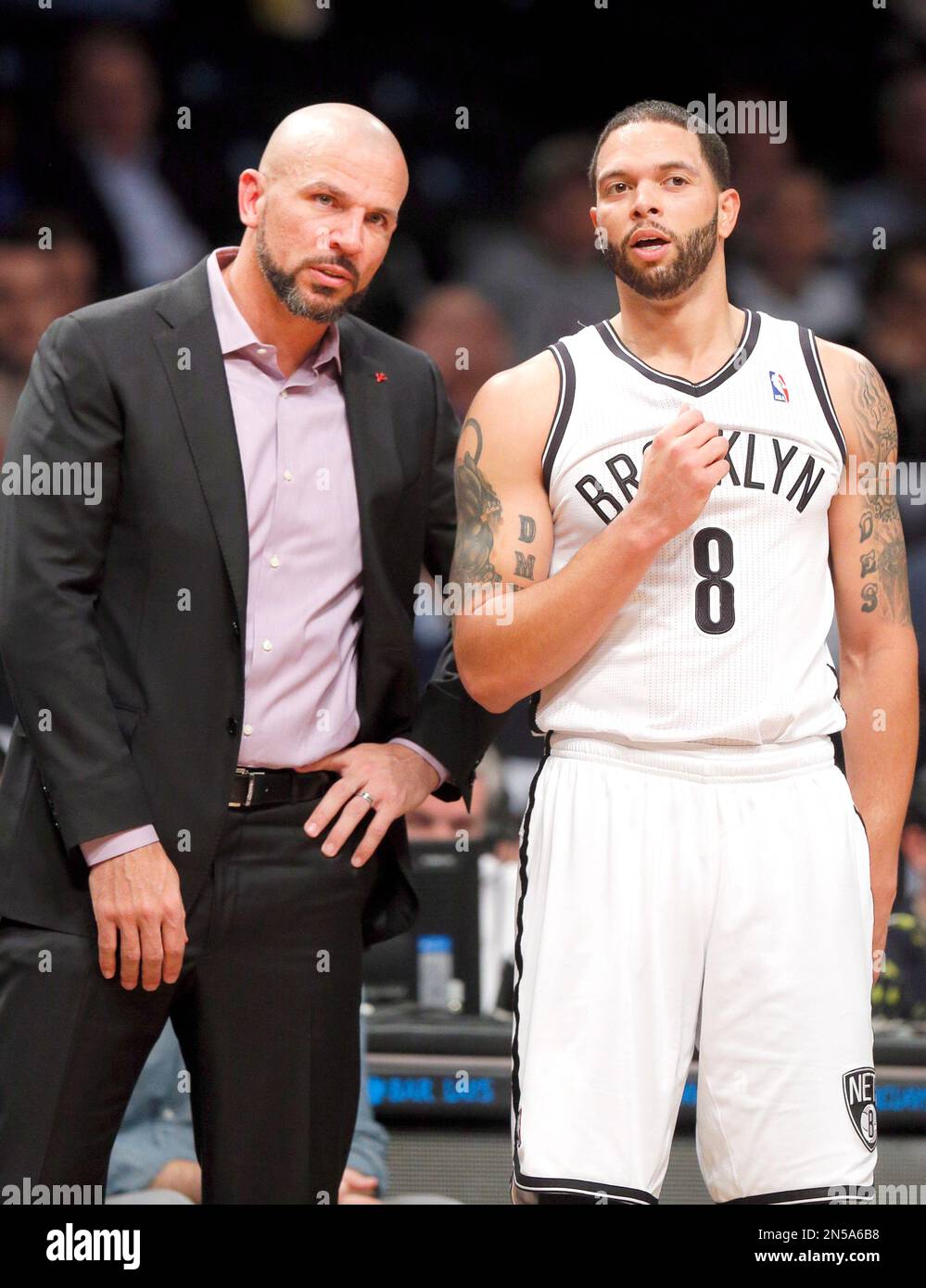 Brooklyn Nets head coach Jason Kidd talks with Brooklyn Nets point