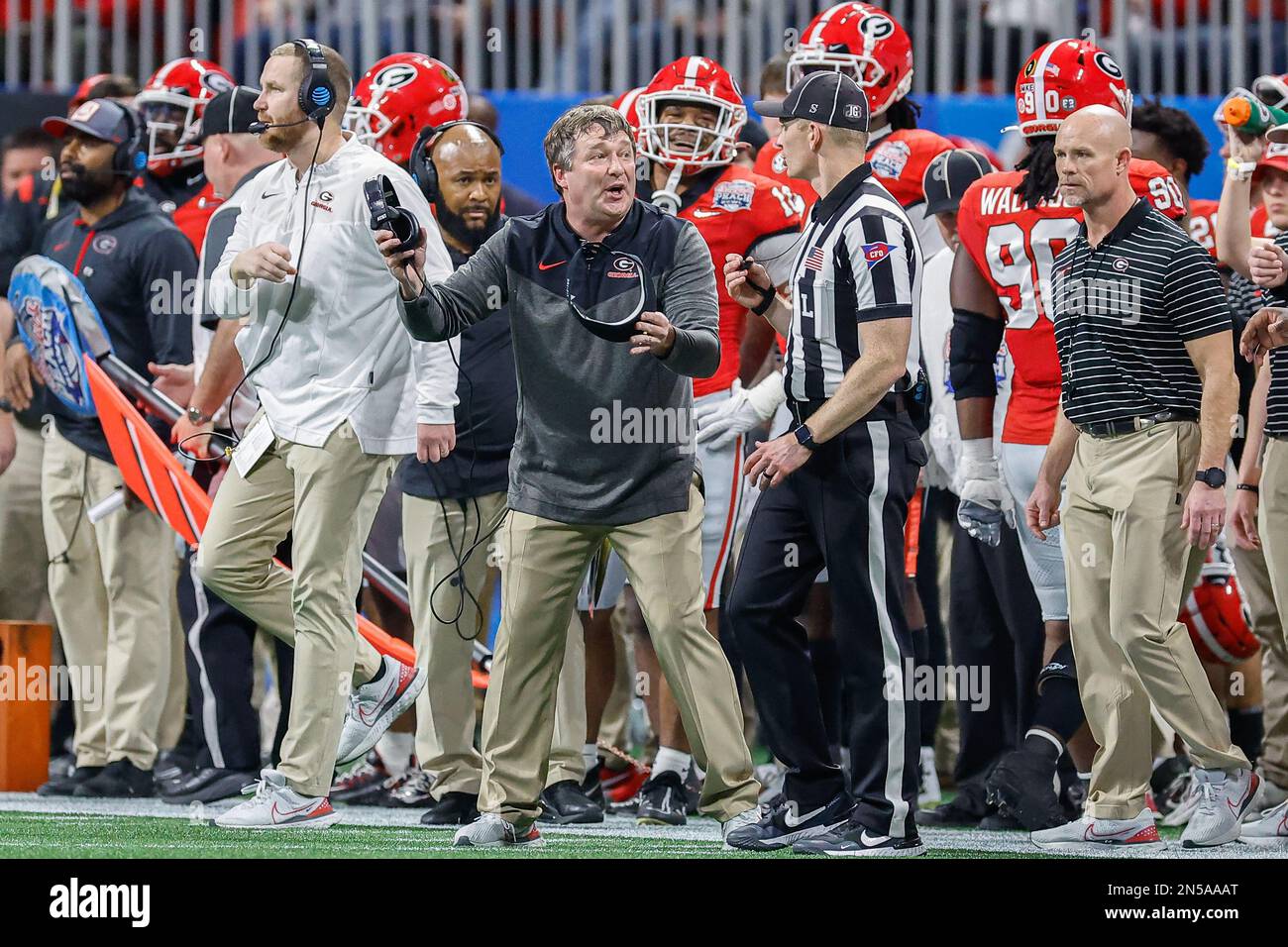 December 31, 2022: Georgia head coach, Kirby Smart, questions an official about a call during the Chick-fil-A Peach Bowl (a College Football Playoff Semifinal) featuring the #4 Ohio State Buckeyes and the #1 Georgia Bulldogs, played at Mercedes-Benz Stadium in Atlanta, Georgia. The Georgia Bulldogs come from behind to defeat Ohio State, 42-41. Cecil Copeland/MarinMedia.org/CSM Stock Photo
