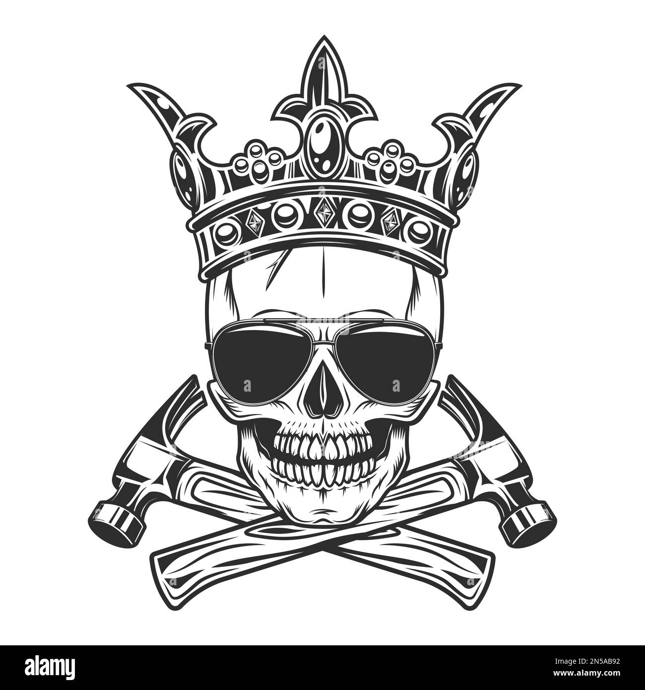 Skull in royal crown with construction hammer tools and sunglasses