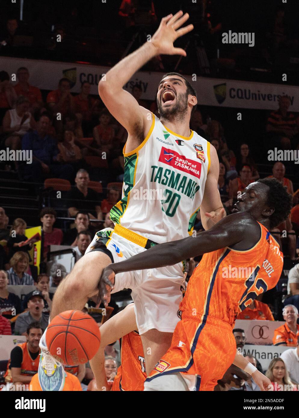 Jackjumpers Fabijan Krslovic during the NBL (National Basketball League)  Seeding Qualifier match between the Cairns Taipans and the Tasmania  JackJumpers at the Cairns Convention Centre in Cairns, Thursday, February  9th, 2023. (AAP
