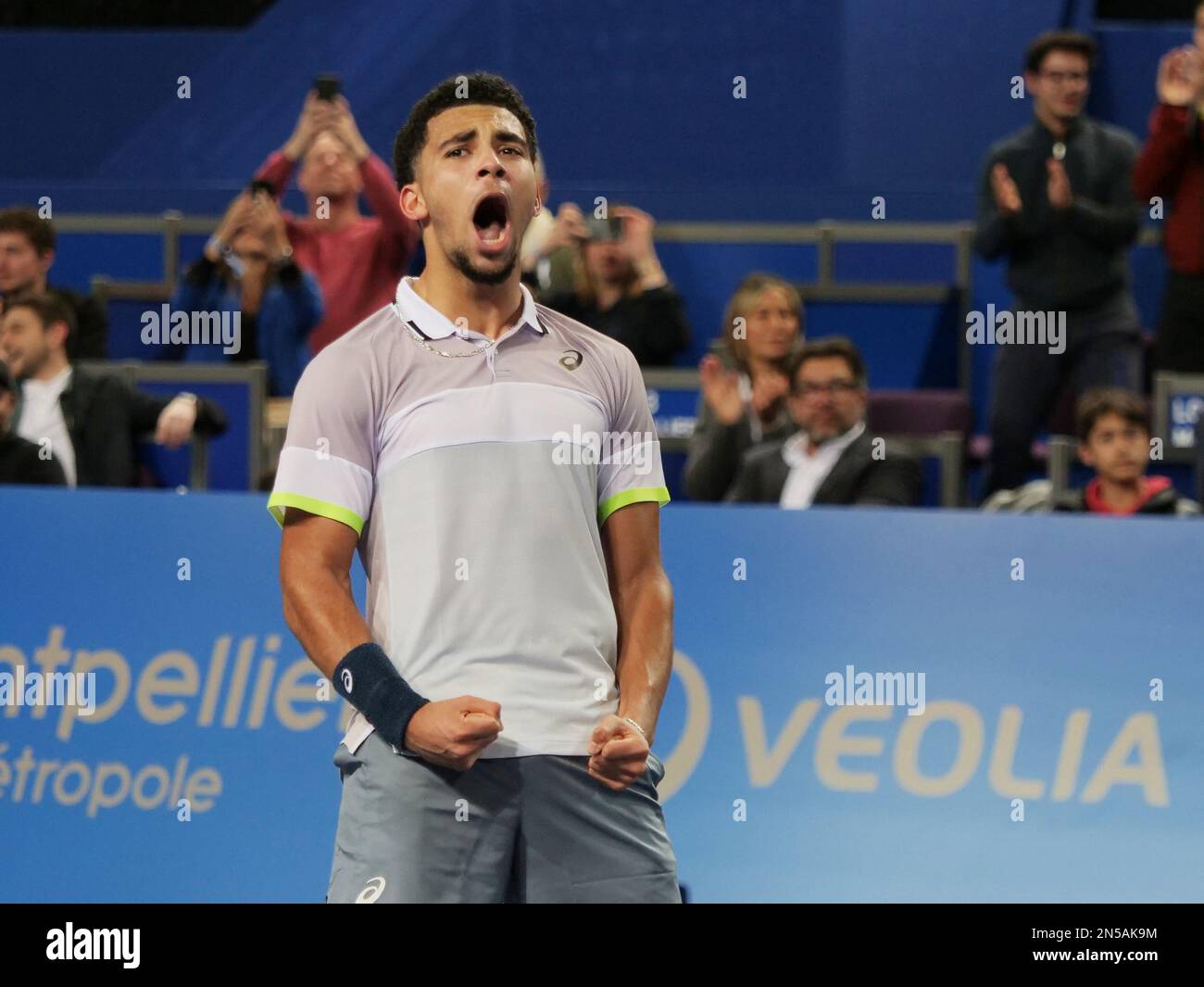 Arthur Fils (FRA) in action against Roberto Bautista-Agut (SPA) during the Open Sud de France 2023, ATP 250 tennis tournament on February 8, 2023 at Sud de France Arena in Pérols near Montpellier, France - Photo Patrick Cannaux / DPPI Stock Photo