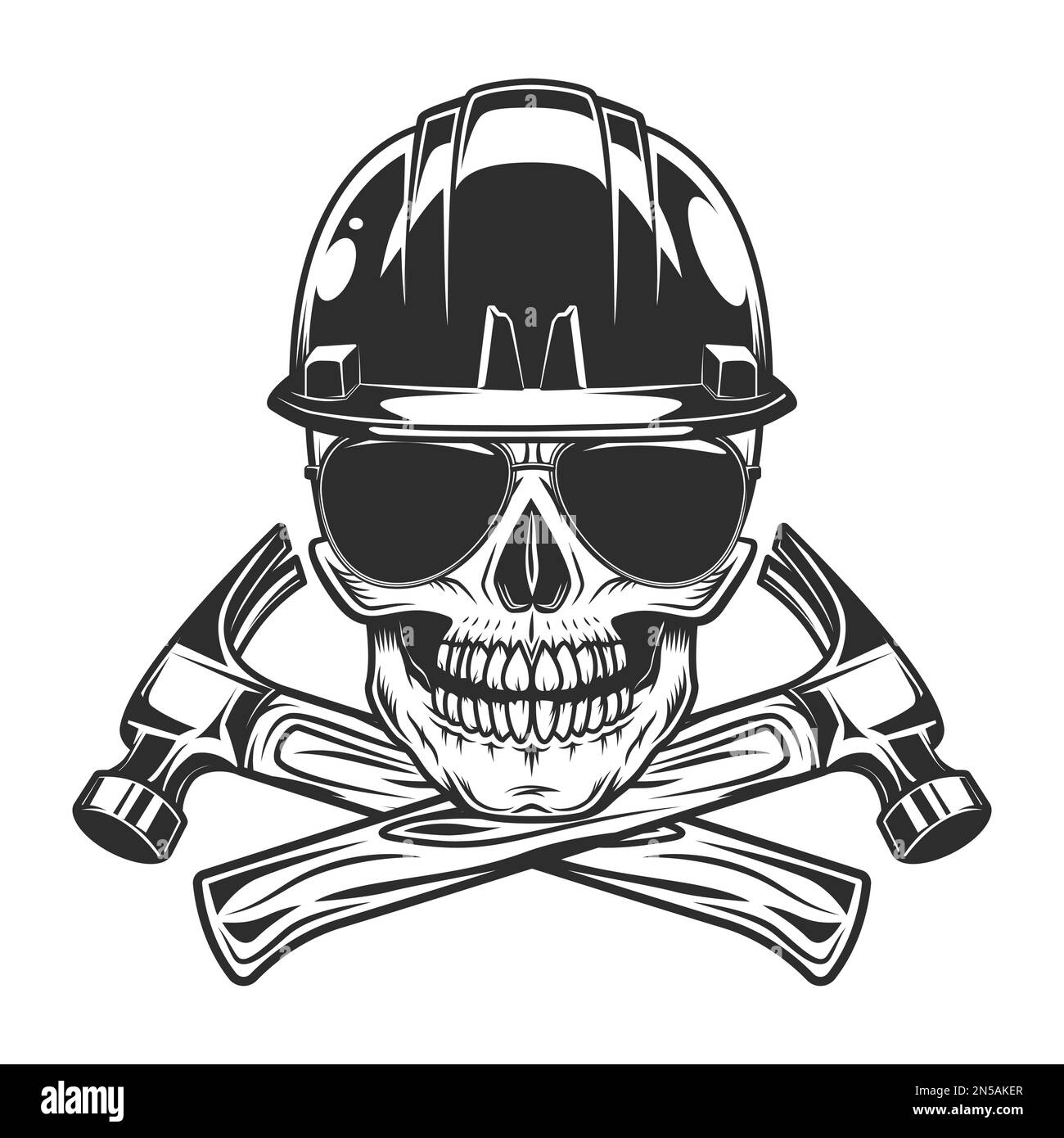 Skull in hardhat buider helmet with construction hammer tools and ...