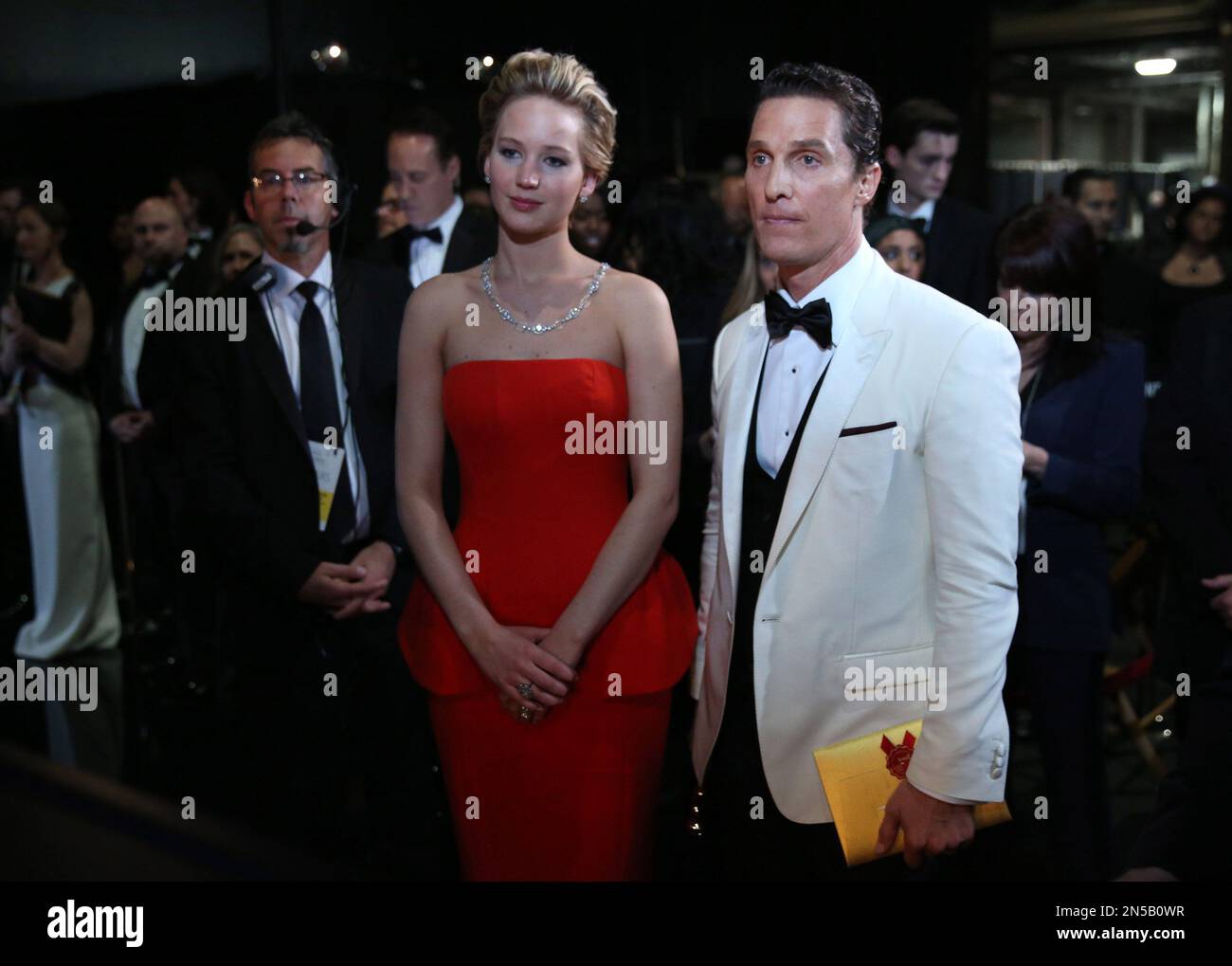 Jennifer Lawrence, left, and Matthew McConaughey appear backstage