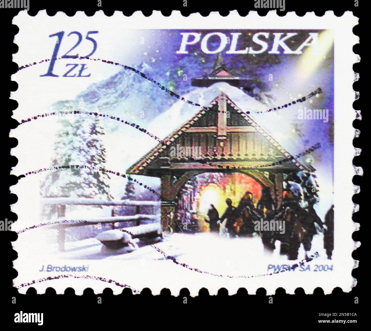 MOSCOW, RUSSIA - FEBRUARY 4, 2023: Postage stamp printed in Poland shows Worshippers at shrine, Christmas serie, circa 2004 Stock Photo