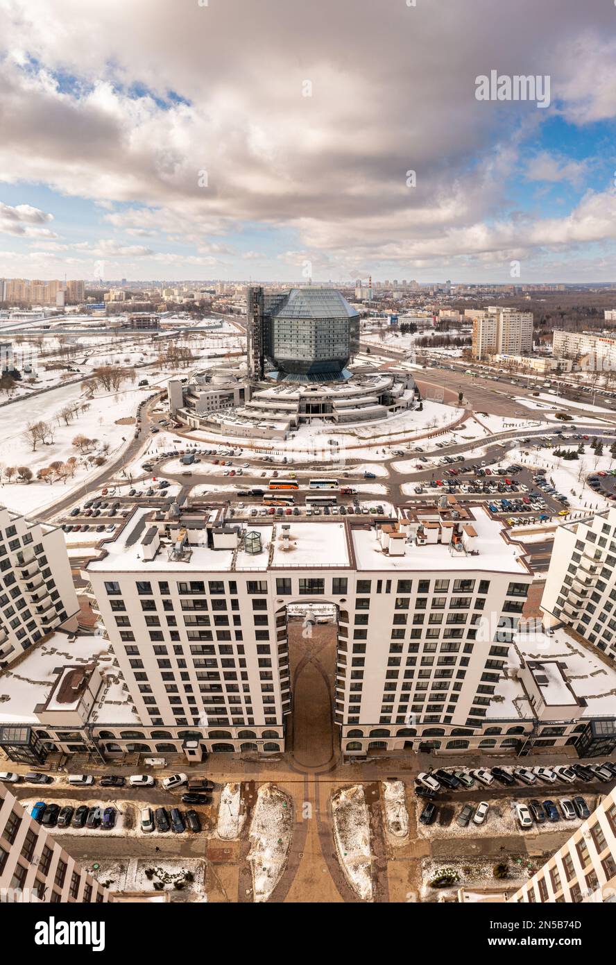 Minsk, Belarus. National Library Building In Winter. Famous Landmark. Aerial cityscape Stock Photo