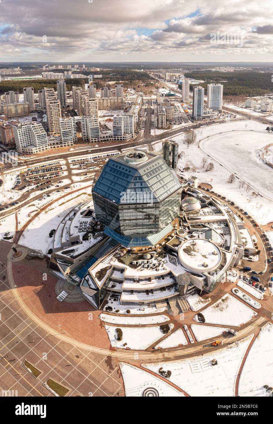 National Library in Minsk aerial. Capital of Republic of Belarus, public building Stock Photo