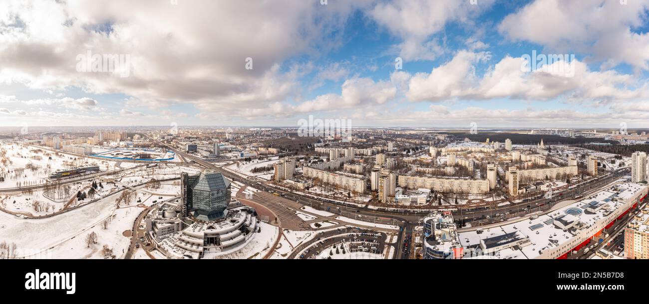Minsk capital of Belarus panorama. National Library Mayak Minska District. Aerial view Stock Photo