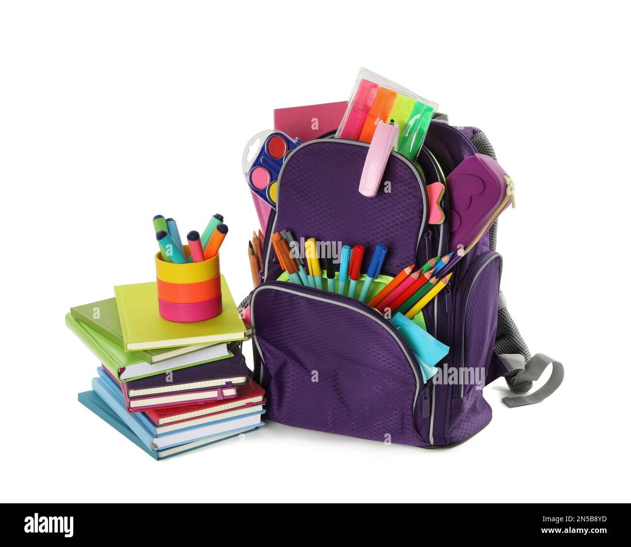 Purple backpack with different school stationery on white background Stock Photo