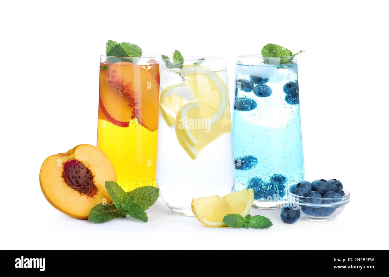 Different delicious lemonades made with soda water and ingredients on