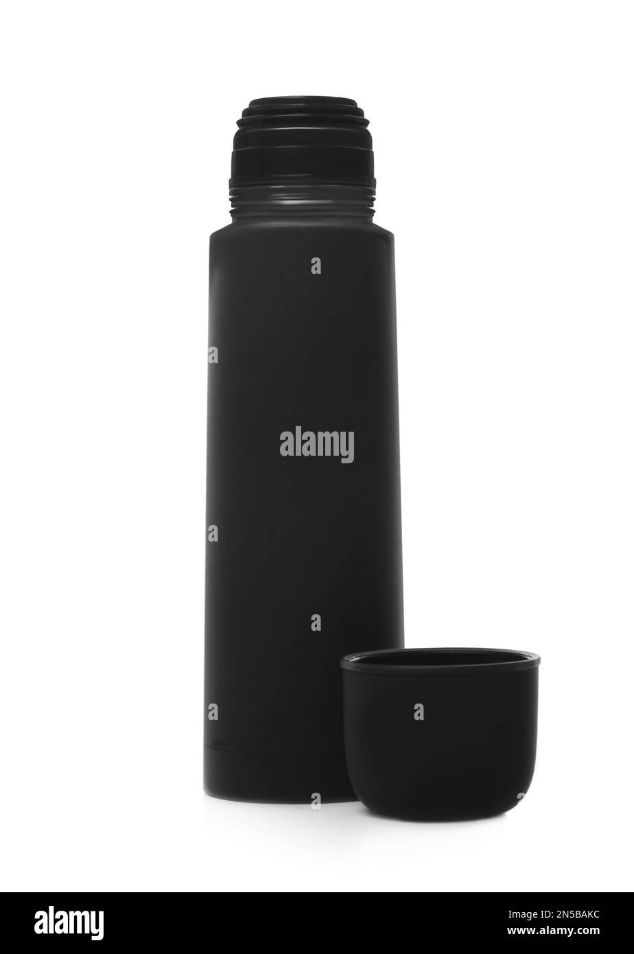 Modern black thermos and cup isolated on white Stock Photo Alamy