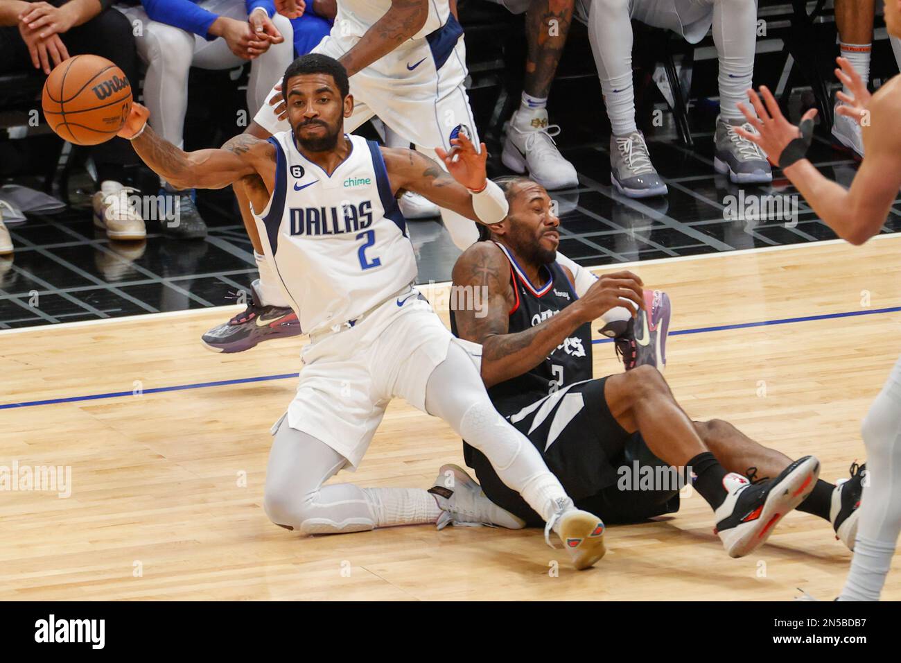 Los Angeles, United States. 08th Feb, 2023. Marcus Morris Sr. (L) of Los  Angeles Clippers and Kyrie Irving (R) of Mavericks Dallas in action during  the NBA basketball game between Clippers and