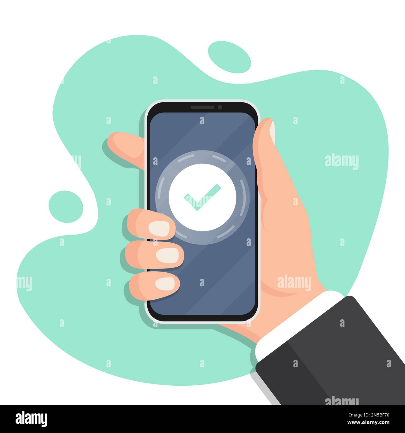 Hand holding smartphone with approved operation in a flat design Stock Vector