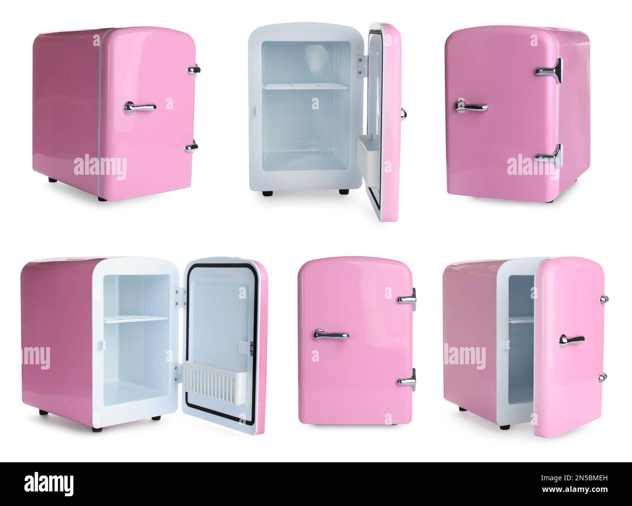 Set with mini refrigerators for cosmetics on white background Stock Photo
