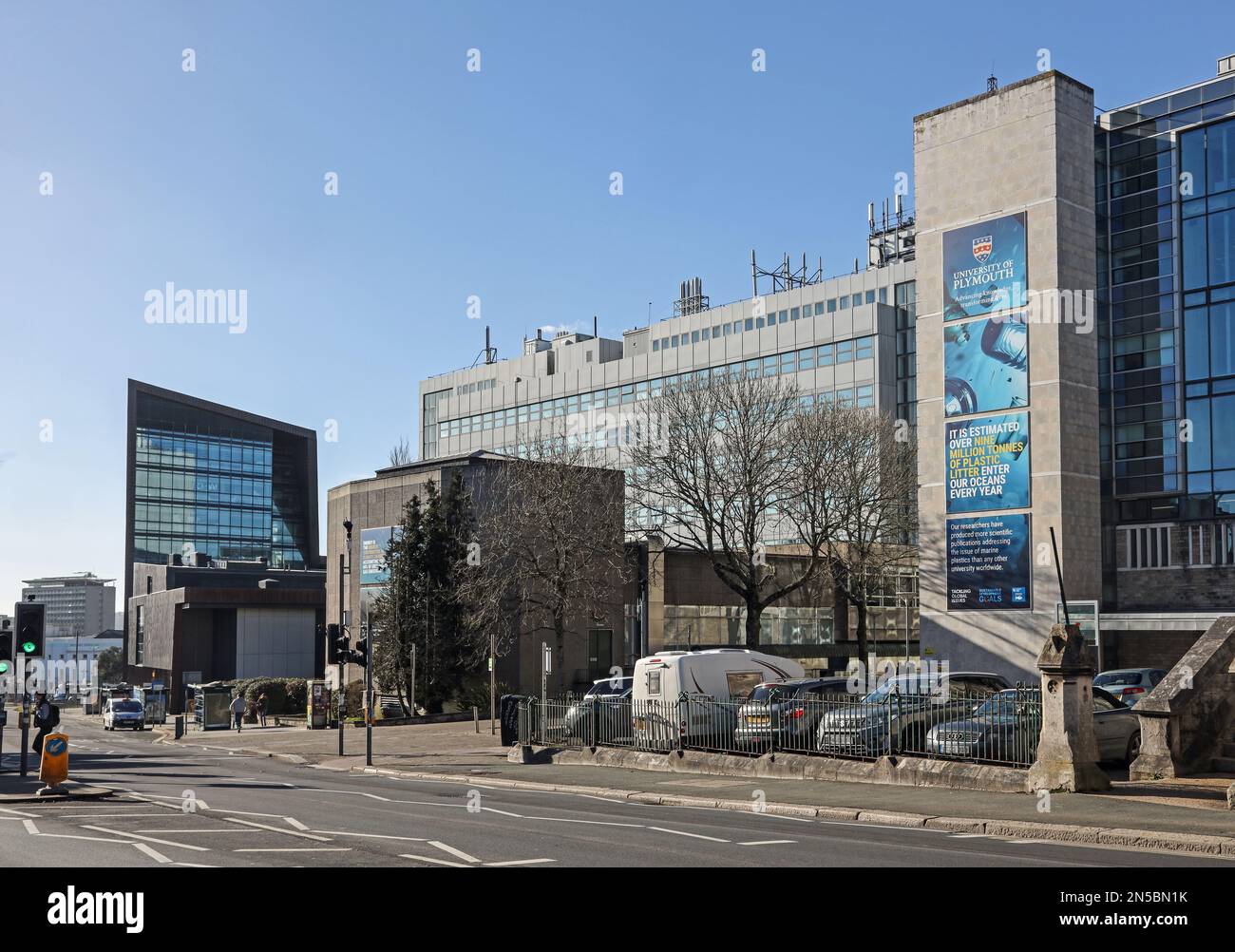 The University of Plymouth, North Hill. Banners connected to ecology adorn the buildings. At the